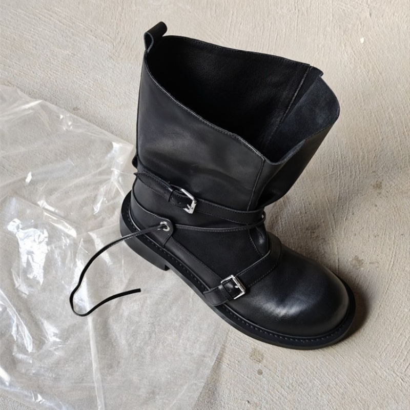 Leather Classic Strap - Retro gesp halfhoge laarzen dames dikke